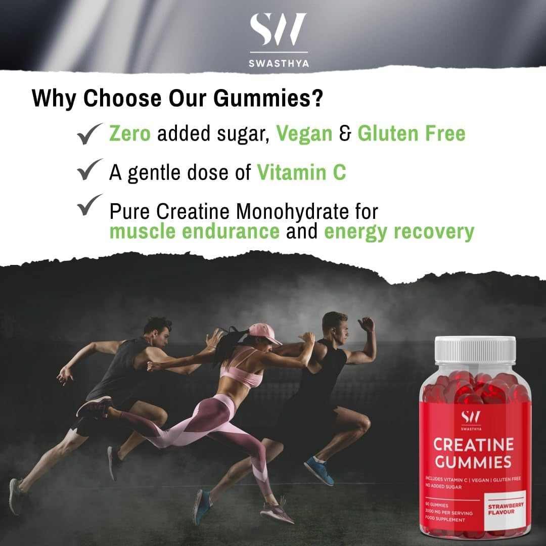 SW 3000Mg Creatine Monohydrate Gummies – Vegan & Sugar Free – Pre Workout Gym Supplement, 60 Gummies (1 Month Supply) – Strawberry Flavour