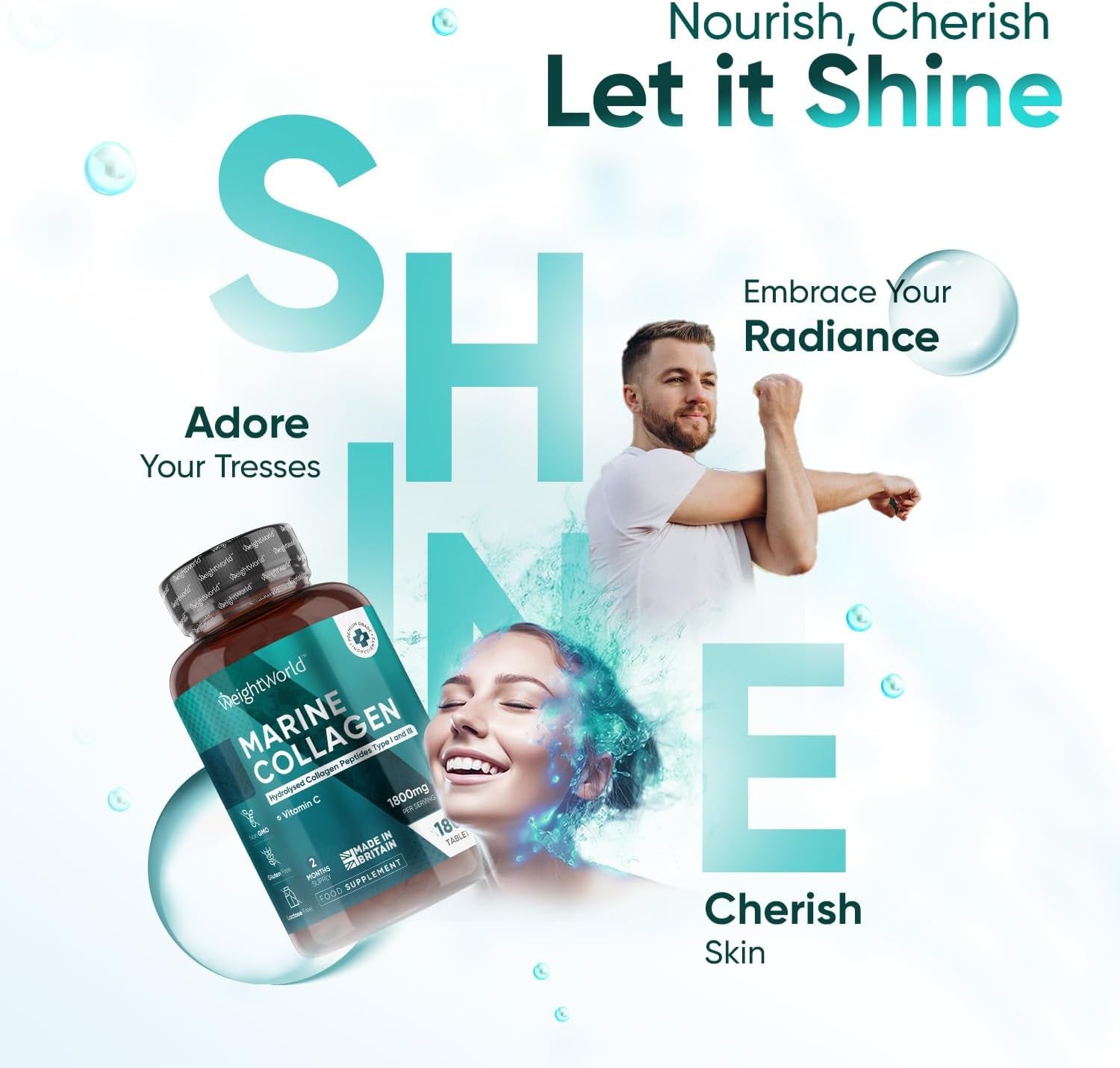 Hydrolysed Marine Collagen Tablets 1800Mg - Collagen Supplements for Skin, Hair, and Slumber- for Men & Women -180 Tablets- with Hydrolysed Collagen Peptides Type 1 & 3 with Vitamin C- Made in the UK