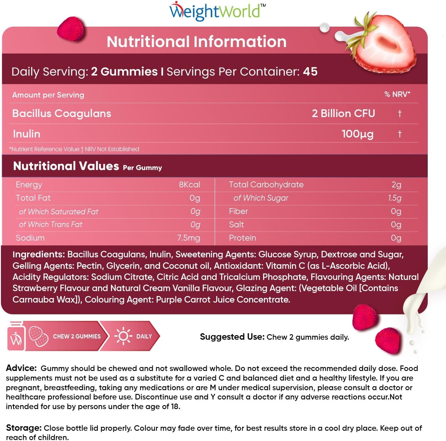 Vegan Probiotic Gummies with Prebiotic - 45 Days (90 Low Sugar Gummies) - Strawberry & Vanilla Flavour - Bacillus Coagulans & Inulin - Gut Health, Immune System & Digestion Supplement for Women & Men