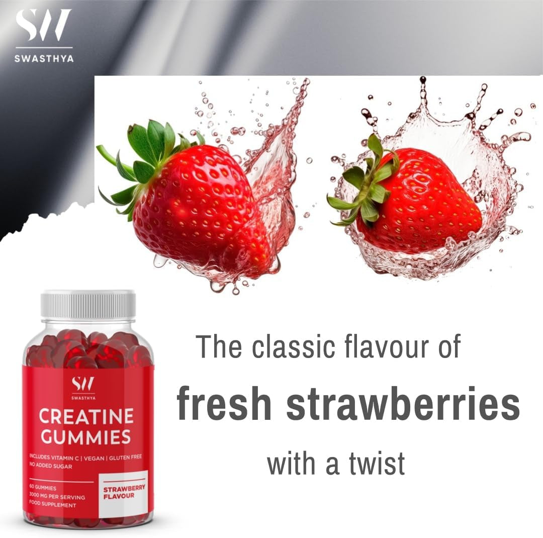 SW 3000Mg Creatine Monohydrate Gummies – Vegan & Sugar Free – Pre Workout Gym Supplement, 60 Gummies (1 Month Supply) – Strawberry Flavour