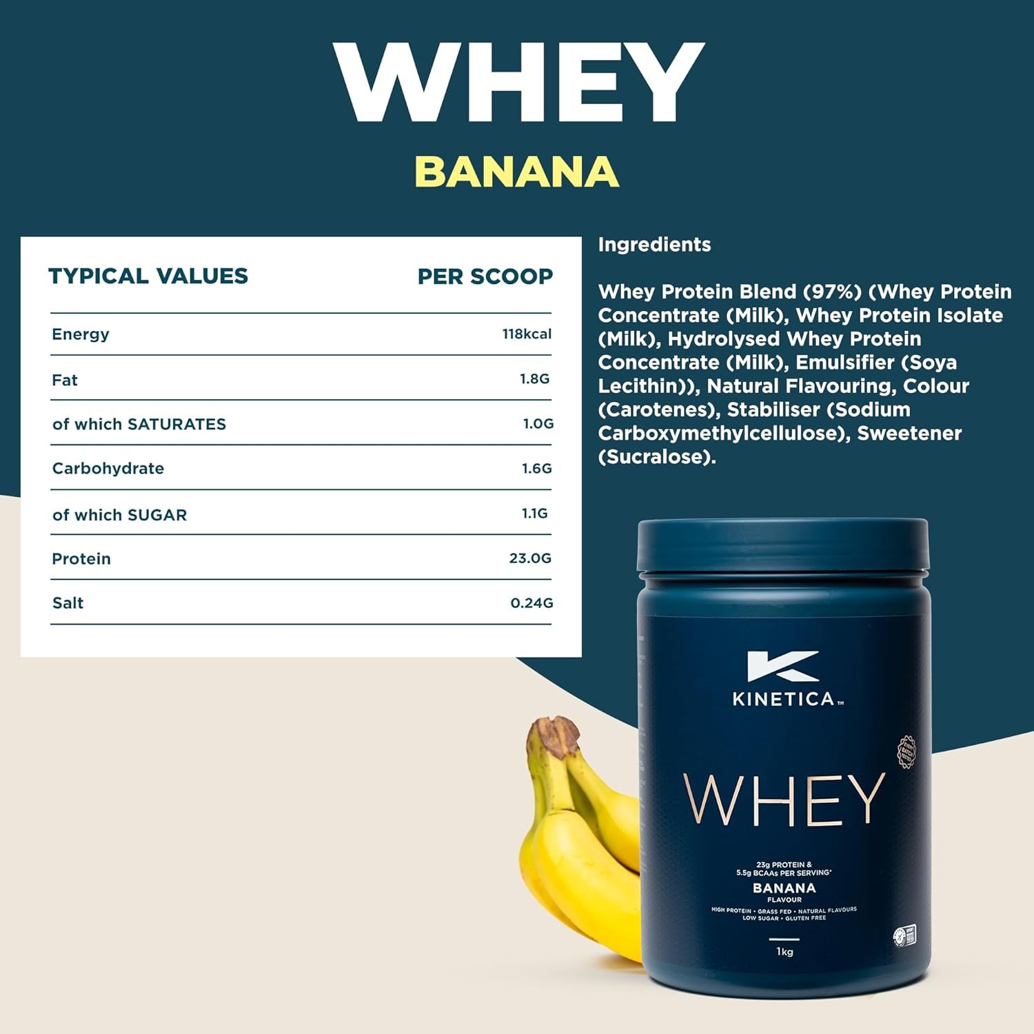 Banana Whey Protein Powder | 2.27Kg | 23G Protein per Serving | 75 Servings | Sourced from EU Grass-Fed Cows | Superior Mixability & Taste