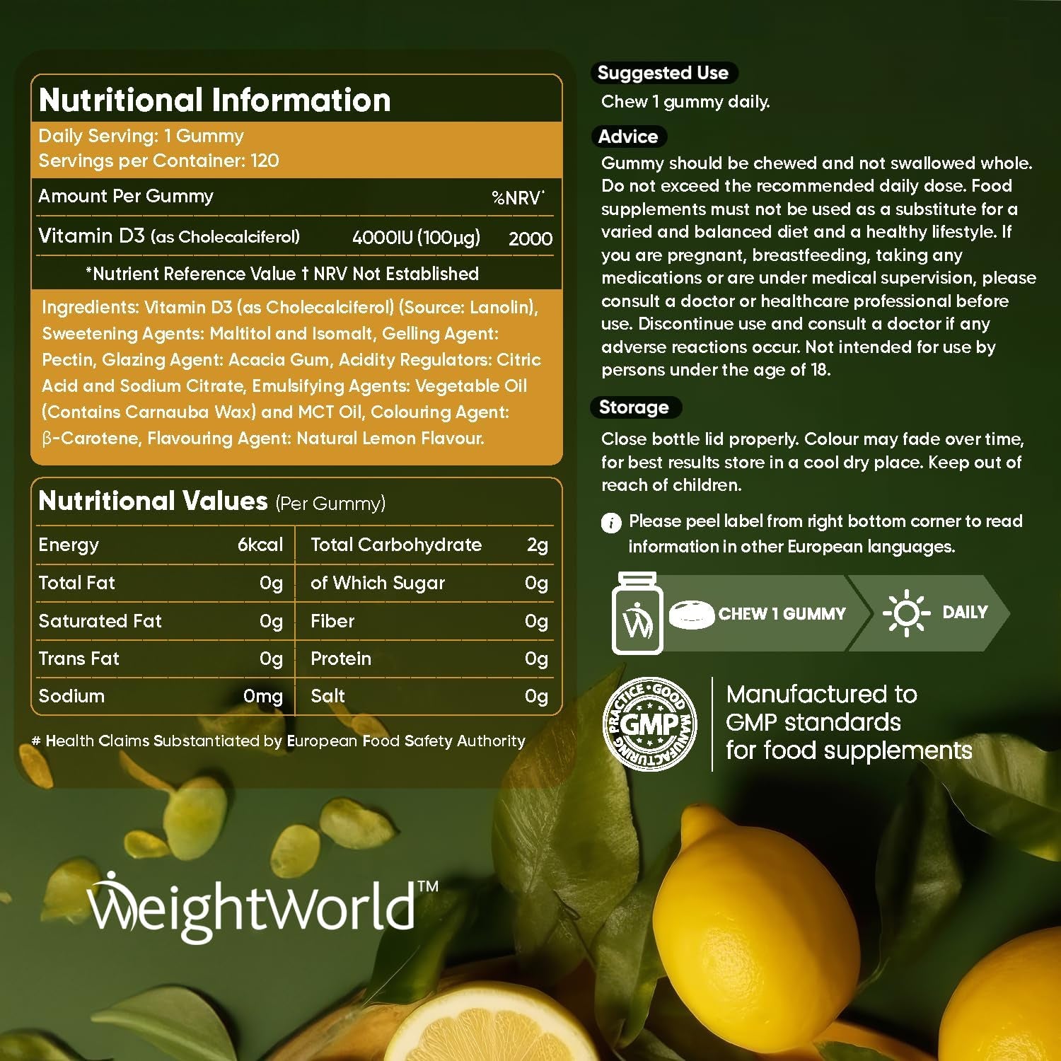 Vitamin D Gummies Adults 4000IU - Sugar-Free - 4 Months Supply - Natural Lemon Flavour - 120 Chewable Vitamin D3 Gummies - Vegetarian Friendly - High Strength Vitamin D Supplement - GMO & Gluten Free