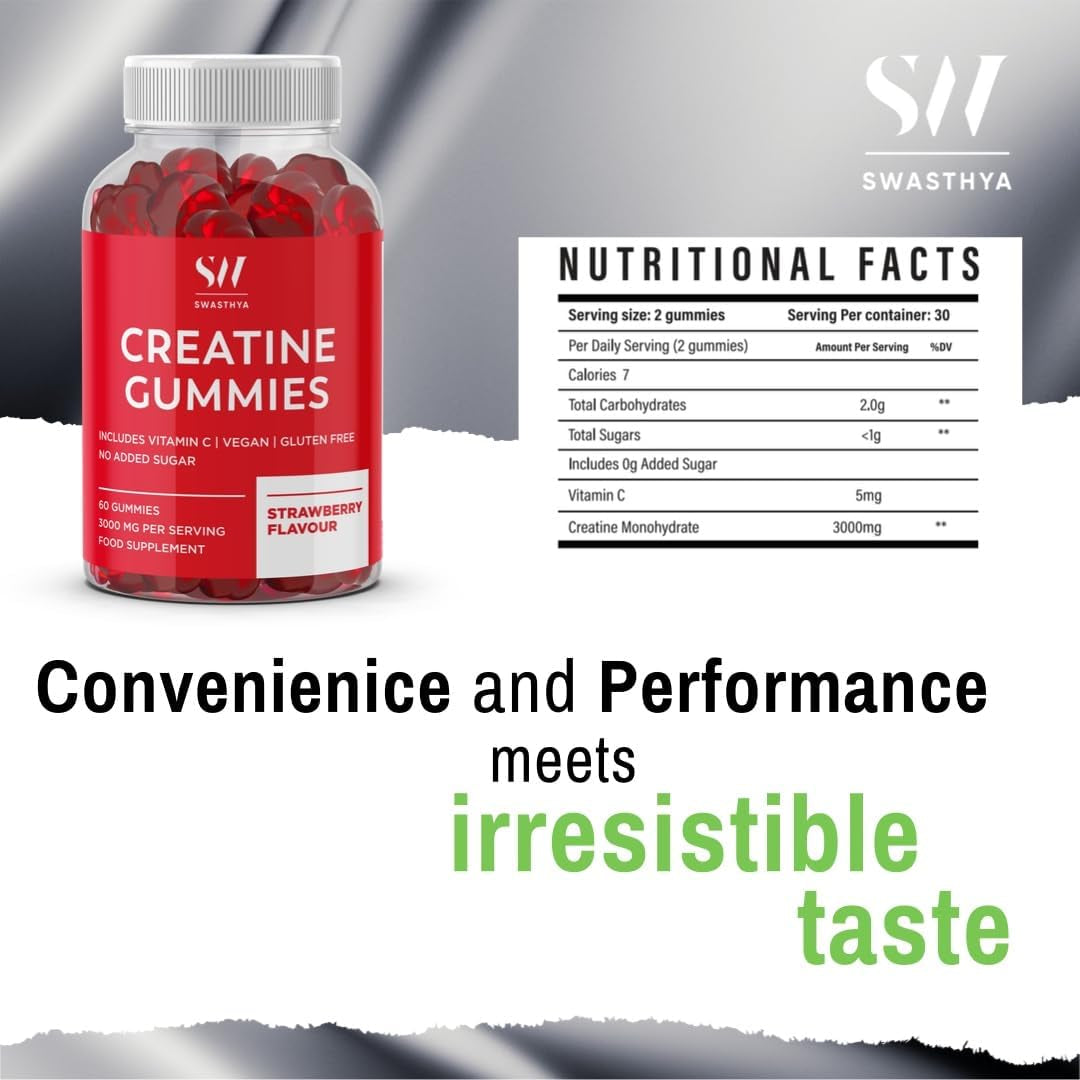 SW 3000Mg Creatine Monohydrate Gummies – Vegan & Sugar Free – Pre Workout Gym Supplement, 60 Gummies (1 Month Supply) – Strawberry Flavour