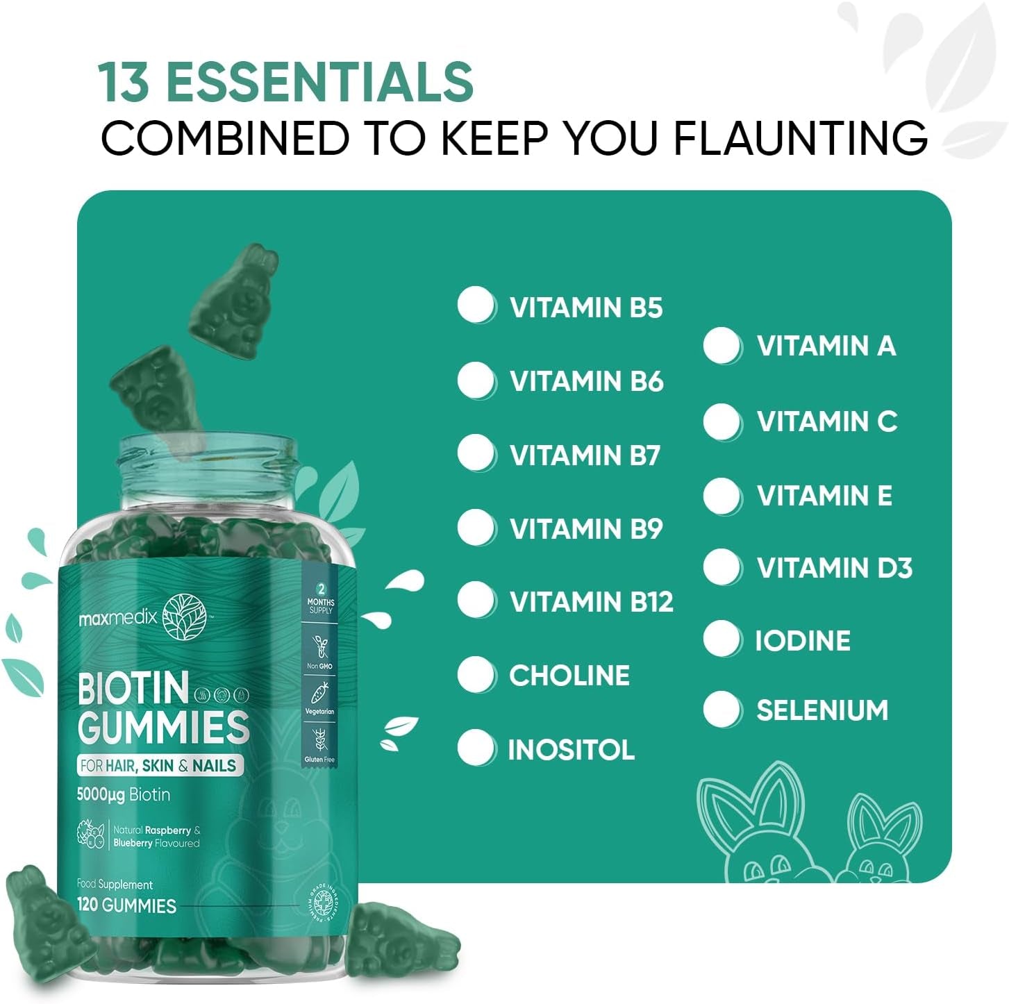 Biotin Gummies 5000Mcg - with Vitamin A, B, C, D, E & Selenium – 120 Hair Nails and Skin Vitamins Gummies – Natural Berry Flavour Vitamin B7 Gummies- Lab-Tested Biotin Hair Growth Gummies