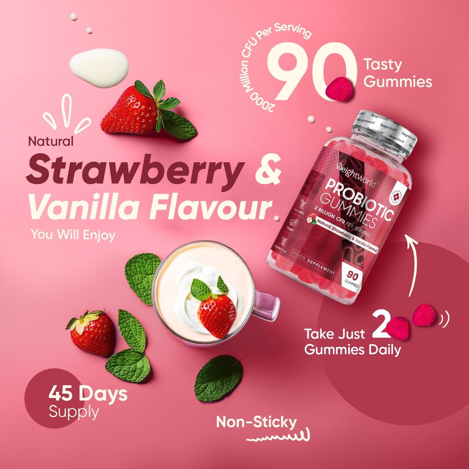 Vegan Probiotic Gummies with Prebiotic - 45 Days (90 Low Sugar Gummies) - Strawberry & Vanilla Flavour - Bacillus Coagulans & Inulin - Gut Health, Immune System & Digestion Supplement for Women & Men