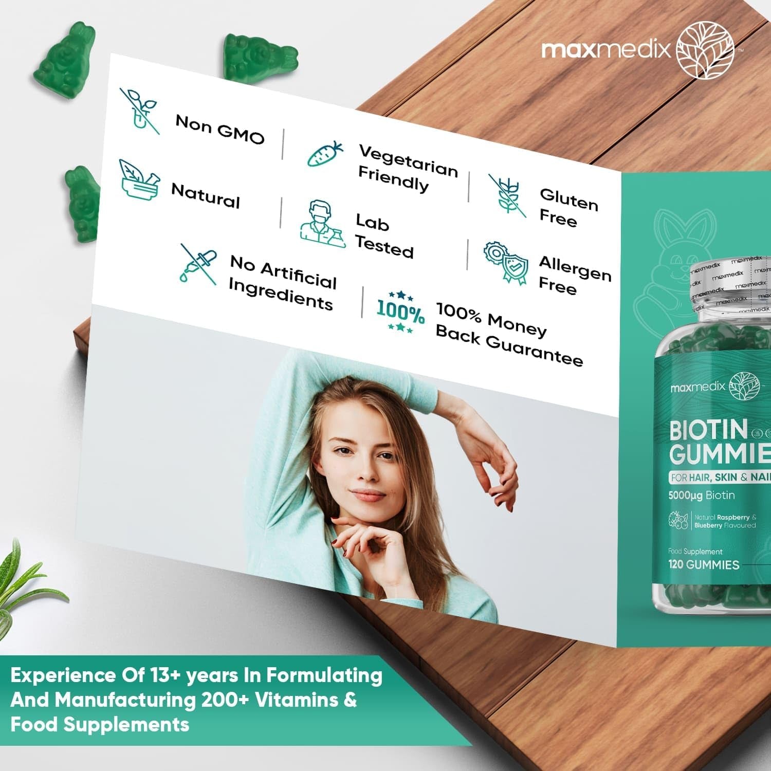 Biotin Gummies 5000Mcg - with Vitamin A, B, C, D, E & Selenium – 120 Hair Nails and Skin Vitamins Gummies – Natural Berry Flavour Vitamin B7 Gummies- Lab-Tested Biotin Hair Growth Gummies