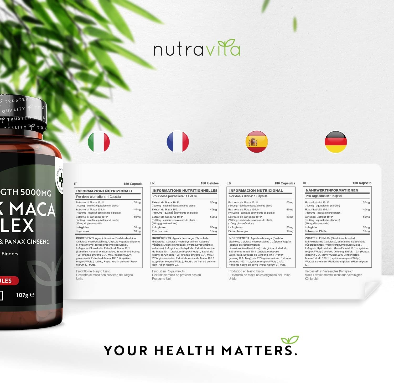 Maca Root Capsules 5000Mg (High Strength) – 180 Vegan Black (6 Month Supply) Not Tablets 100% Peruvian with L-Arginine, Panax Ginseng & Pepper Made in UK by