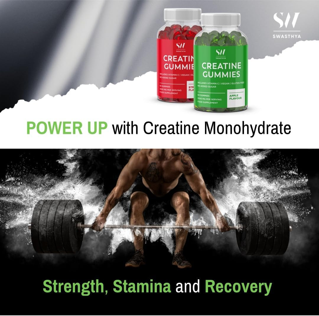 SW 3000Mg Creatine Monohydrate Gummies – Vegan & Sugar Free – Pre Workout Gym Supplement, 60 Gummies (1 Month Supply) – Strawberry Flavour