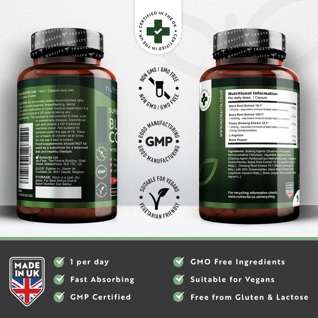 Maca Root Capsules 5000Mg (High Strength) – 180 Vegan Black (6 Month Supply) Not Tablets 100% Peruvian with L-Arginine, Panax Ginseng & Pepper Made in UK by