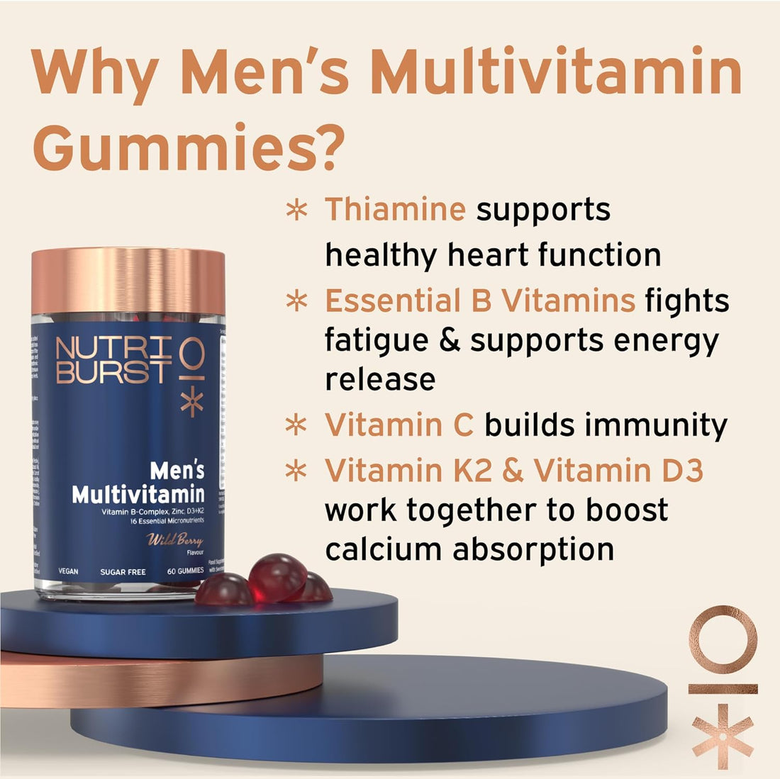 - Men’S Multivitamin Multipack - Immune Function & Mental Performance - Contains 16 Micronutrients; B2, B3, B5, B6, B12, A, C, D Vegan & Sugar Free - 3 X 60 Berry Gummies - 3 Month Supply