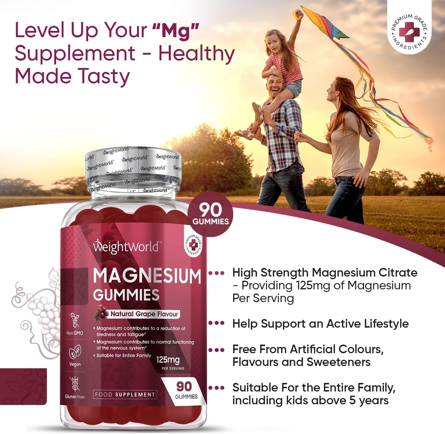 Magnesium Gummies - 90 Vegan Gummies - Magnesium Citrate Offering 125Mg Magnesium - for Adults &amp; Kids (5 Years+) - Chewable Magnesium Supplements for Women &amp; Men - 45 Days Supply -Gluten-Free