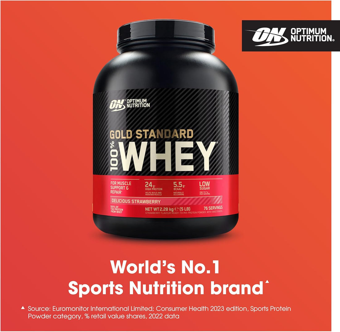 Gold Standard 100% Whey Muscle Building and Recovery Protein Powder with Naturally Occurring Glutamine and BCAA Amino Acids, Delicious Strawberry Flavour, 76 Servings, 2.28 Kg