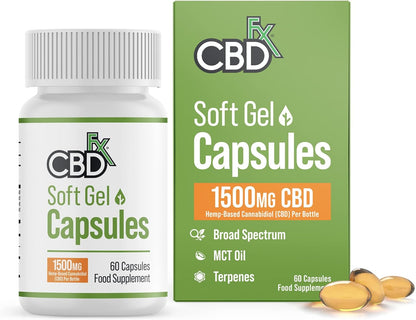 1500Mg CBD High Strength Broad Spectrum Soft Gel Capsules, 25Mg CBD per Capsule, Organic, Gluten-Free, 60 Capsules in Total (30-60 Days)