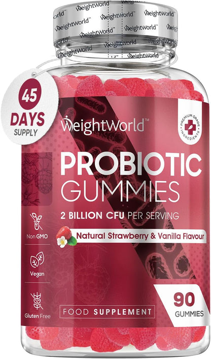 Vegan Probiotic Gummies with Prebiotic - 45 Days (90 Low Sugar Gummies) - Strawberry &amp; Vanilla Flavour - Bacillus Coagulans &amp; Inulin - Gut Health, Immune System &amp; Digestion Supplement for Women &amp; Men