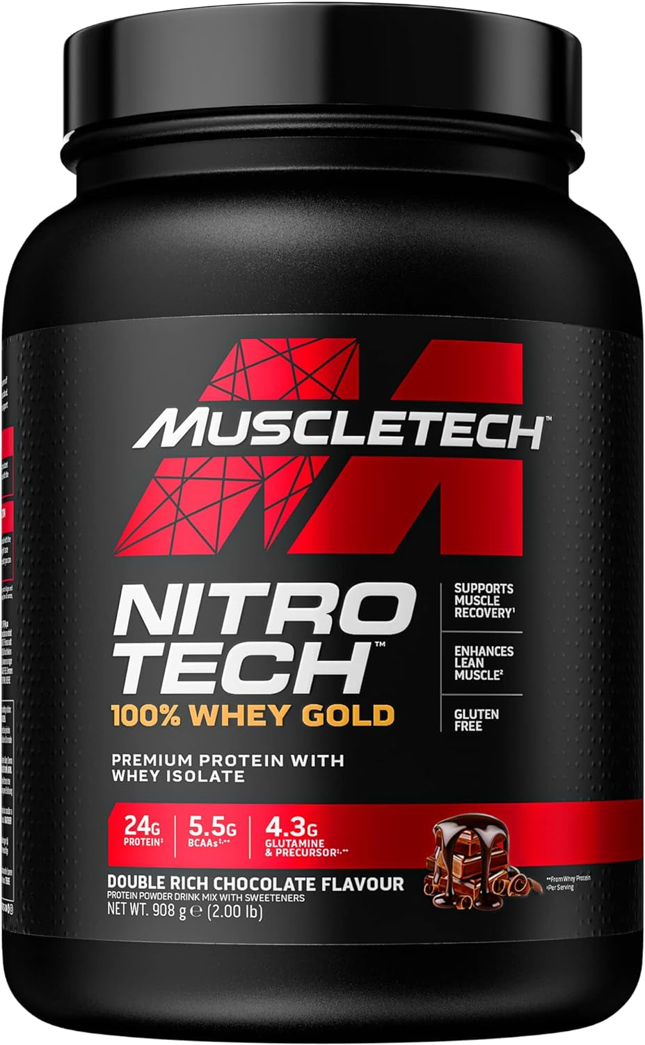 Nitrotech 100% Whey Gold Protein Powder, Build Muscle Mass, Whey Isolate Protein Powder &amp; Peptides, Protein Shake for Men &amp; Women, 5.5G BCAA, 28 Servings, 908Kg, Double Rich Chocolate