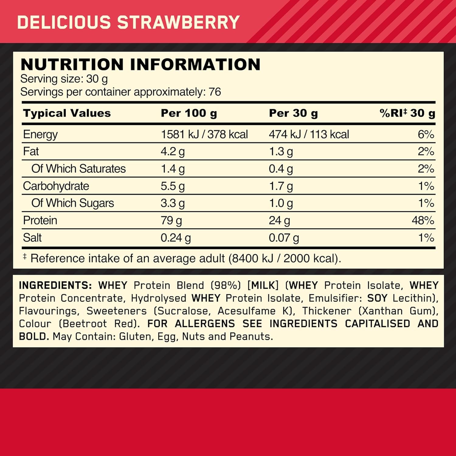 Gold Standard 100% Whey Muscle Building and Recovery Protein Powder with Naturally Occurring Glutamine and BCAA Amino Acids, Delicious Strawberry Flavour, 76 Servings, 2.28 Kg