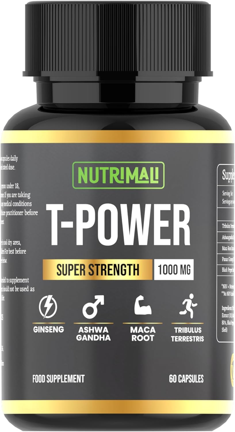 T-Power (Testo Supplement) | Ginseng, Maca, Tribulus Terrestris, Ashwagandha | 60 Capsules 1000Mg High Strength | Gym Supplements for Men, Energy, Stamina Booster