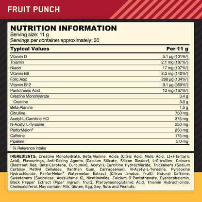 Gold Standard Pre Workout Powder, Energy Drink with Creatine Monohydrate, Beta Alanine, Caffeine and Vitamin B Complex, Fruit Punch, 30 Servings, 330G, Packaging May Vary