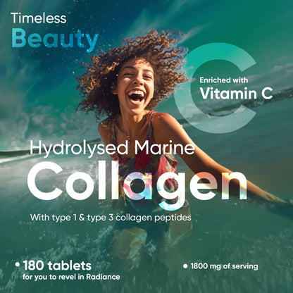 Hydrolysed Marine Collagen Tablets 1800Mg - Collagen Supplements for Skin, Hair, and Slumber- for Men &amp; Women -180 Tablets- with Hydrolysed Collagen Peptides Type 1 &amp; 3 with Vitamin C- Made in the UK