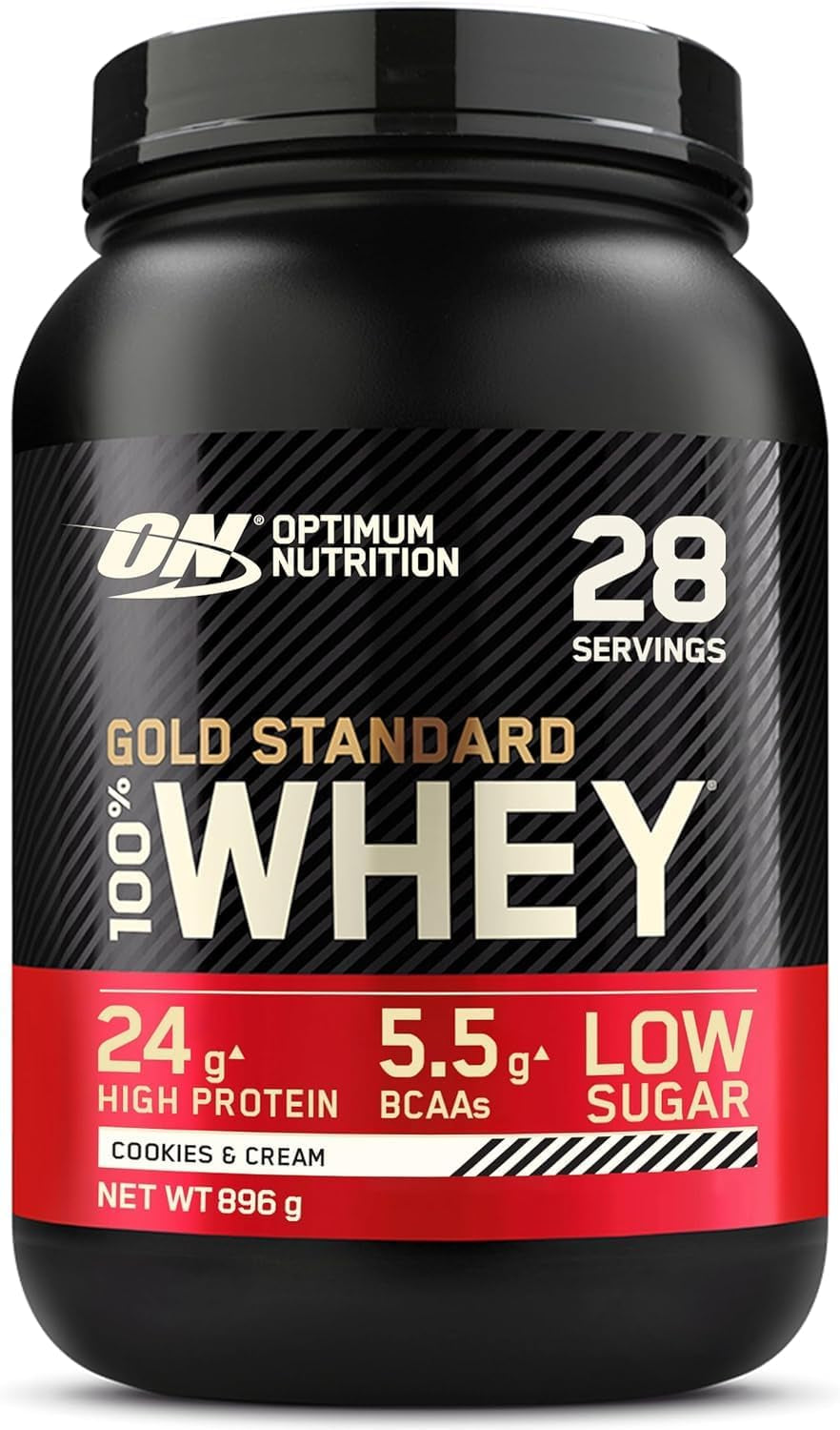 Gold Standard 100% Whey Protein, Muscle Building Powder with Naturally Occurring Glutamine and BCAA Amino Acids, Cookies and Cream Flavour, 28 Servings, 896 G