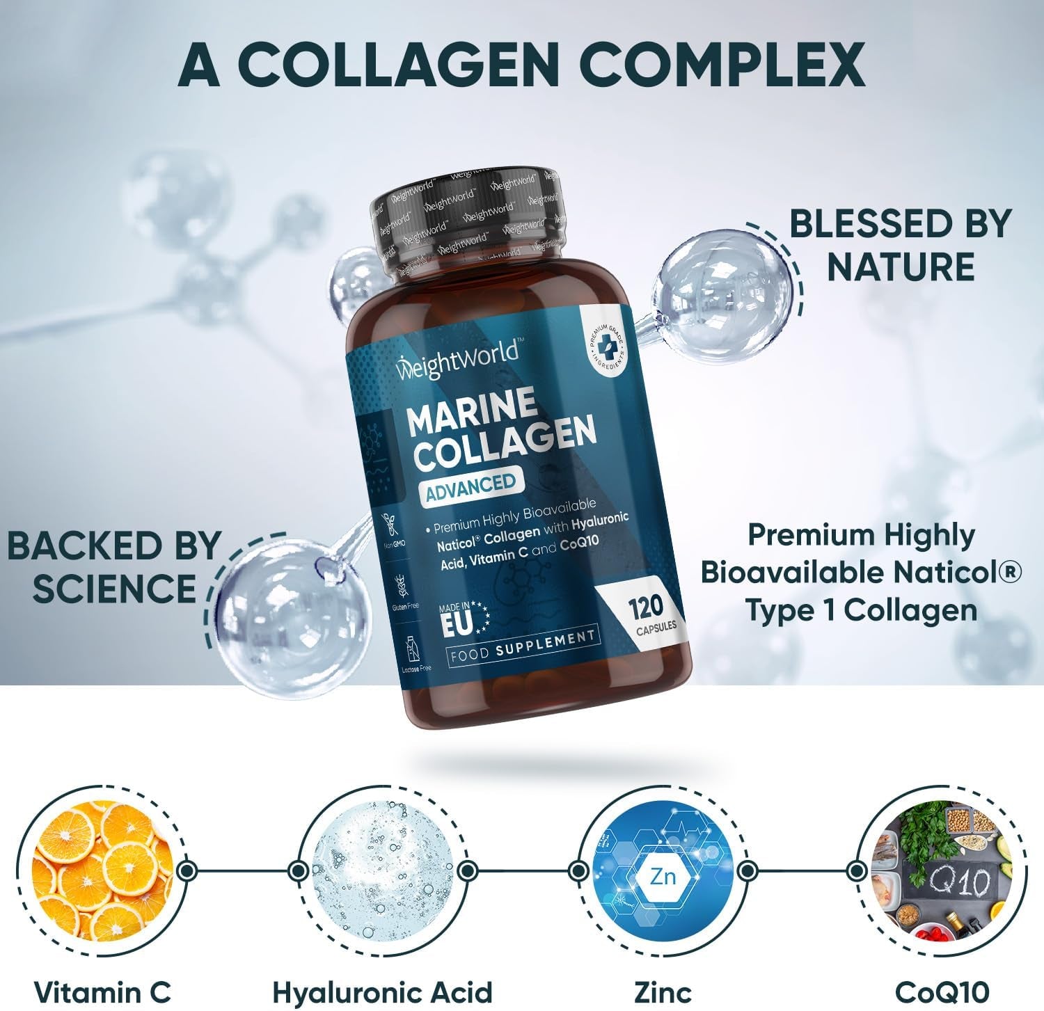 Marine Collagen Capsules 1455Mg - 120 Capsules - Naticol Type 1 Collagen Supplements for Women &amp; Men - Hydrolysed Marine Collagen Peptides Complex with Hyaluronic Acid, Vitamin C, Zinc &amp; Coq10