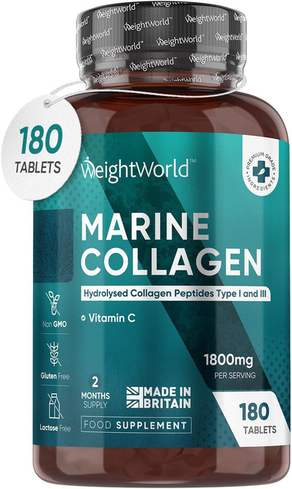 Hydrolysed Marine Collagen Tablets 1800Mg - Collagen Supplements for Skin, Hair, and Slumber- for Men &amp; Women -180 Tablets- with Hydrolysed Collagen Peptides Type 1 &amp; 3 with Vitamin C- Made in the UK