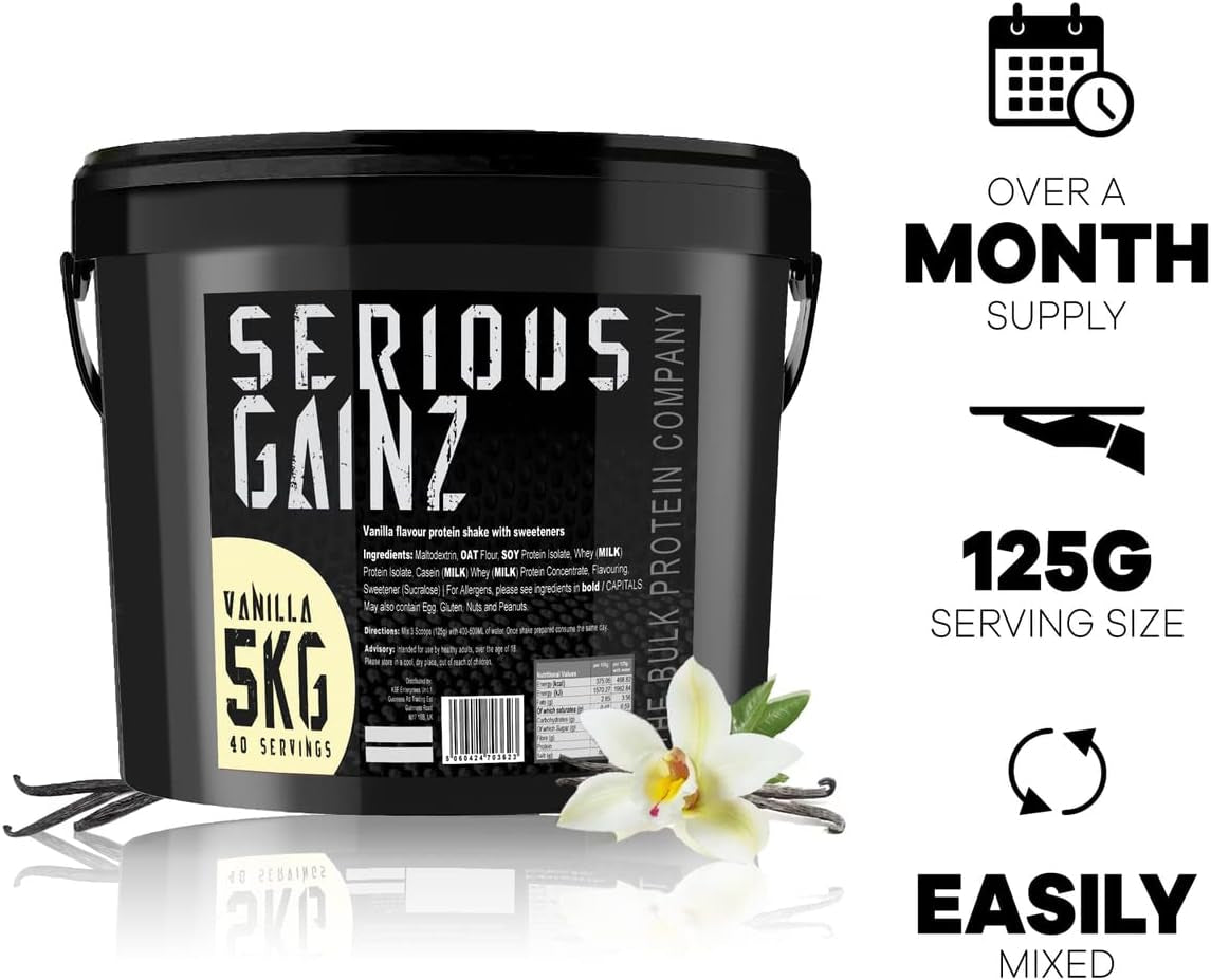 , SERIOUS GAINZ - Whey Protein Powder - Weight Gain, Mass Gainer - 30G Protein Powders (Vanilla, 5Kg)