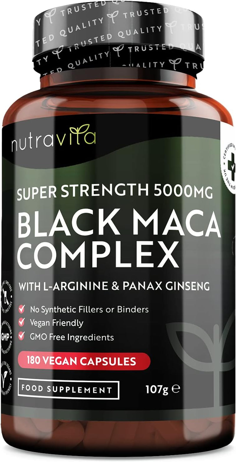 Maca Root Capsules 5000Mg (High Strength) – 180 Vegan Black (6 Month Supply) Not Tablets 100% Peruvian with L-Arginine, Panax Ginseng & Pepper Made in UK by