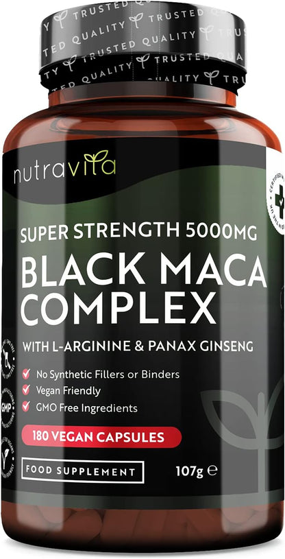 Maca Root Capsules 5000Mg (High Strength) – 180 Vegan Black (6 Month Supply) Not Tablets 100% Peruvian with L-Arginine, Panax Ginseng &amp; Pepper Made in UK by