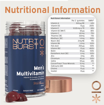 - Men’S Multivitamin Multipack - Immune Function &amp; Mental Performance - Contains 16 Micronutrients; B2, B3, B5, B6, B12, A, C, D Vegan &amp; Sugar Free - 3 X 60 Berry Gummies - 3 Month Supply