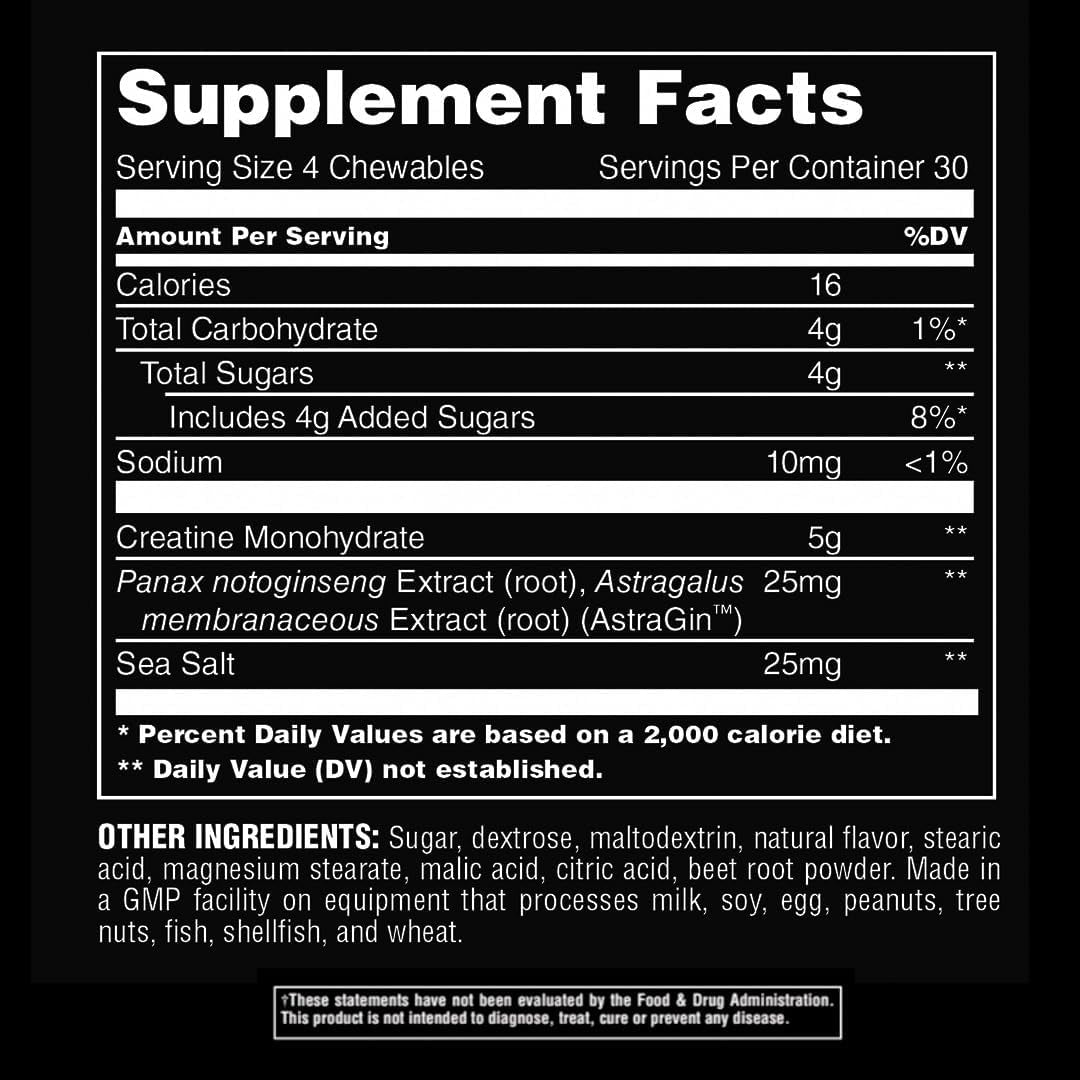 Creatine Chews Tablets - Enhanced Creatine Monohydrate with Astragin to Improve Absorption, Sea Salt for Added Pumps, Delicious and Convenient Chewable Tablets - Grape - 120 Count