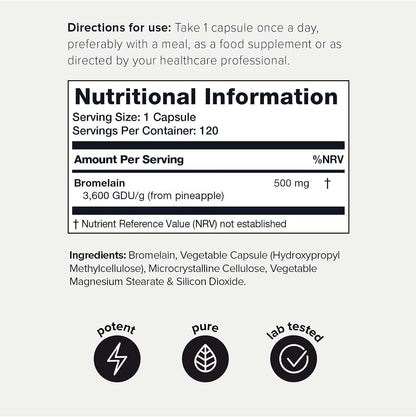 Ultra High Strength Non-Gmo Bromelain Capsules - 3600 Gdu/Gram - Highly Concentrated and Bioavailable - 500Mg Formula - 120 Veggie Capsules