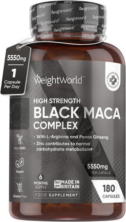 Black Maca Root Capsules 5550Mg (High Strength) – 180 Vegan Black Maca &amp; Yellow Maca Capsules (6 Months Supply) - with L-Arginine, Panax Ginseng, Pepper - Zinc for Testosterone Levels &amp; Metabolism