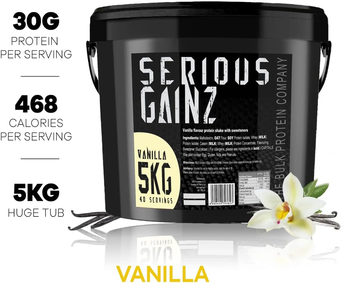 , SERIOUS GAINZ - Whey Protein Powder - Weight Gain, Mass Gainer - 30G Protein Powders (Vanilla, 5Kg)