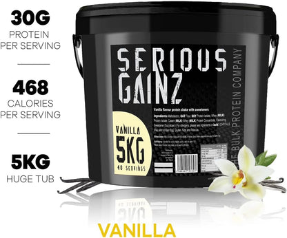 , SERIOUS GAINZ - Whey Protein Powder - Weight Gain, Mass Gainer - 30G Protein Powders (Vanilla, 5Kg)