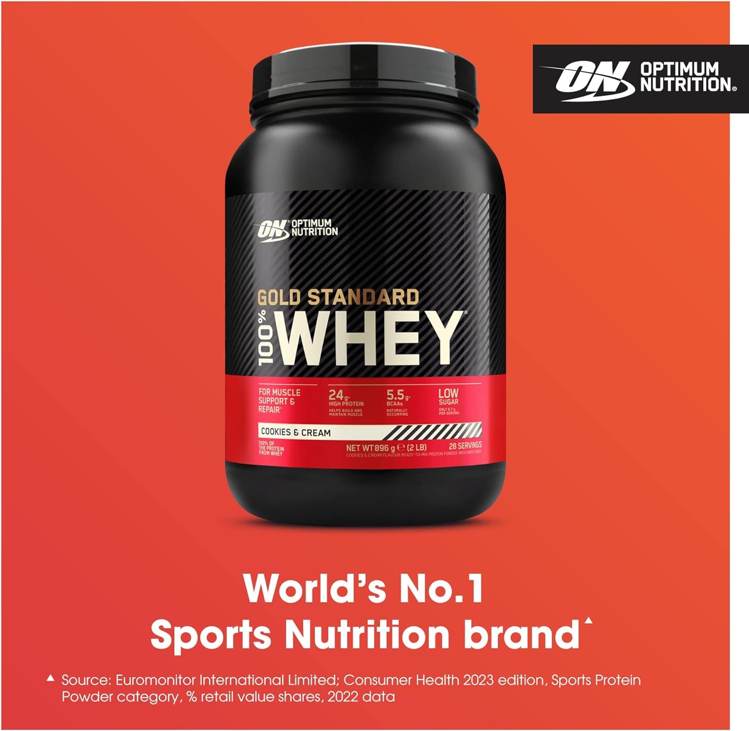 Gold Standard 100% Whey Protein, Muscle Building Powder with Naturally Occurring Glutamine and BCAA Amino Acids, Cookies and Cream Flavour, 28 Servings, 896 G