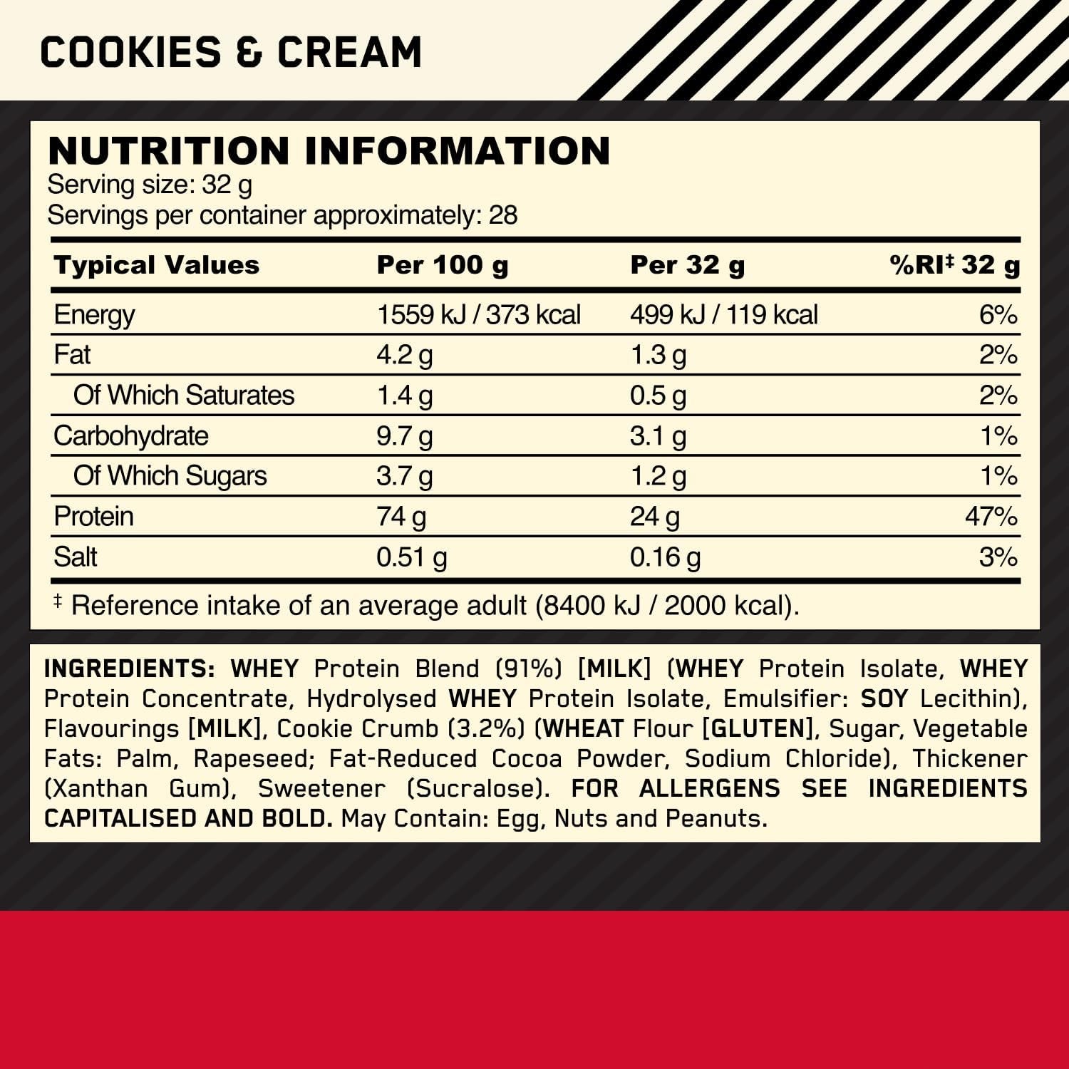 Gold Standard 100% Whey Protein, Muscle Building Powder with Naturally Occurring Glutamine and BCAA Amino Acids, Cookies and Cream Flavour, 28 Servings, 896 G