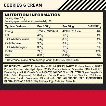 Gold Standard 100% Whey Protein, Muscle Building Powder with Naturally Occurring Glutamine and BCAA Amino Acids, Cookies and Cream Flavour, 28 Servings, 896 G