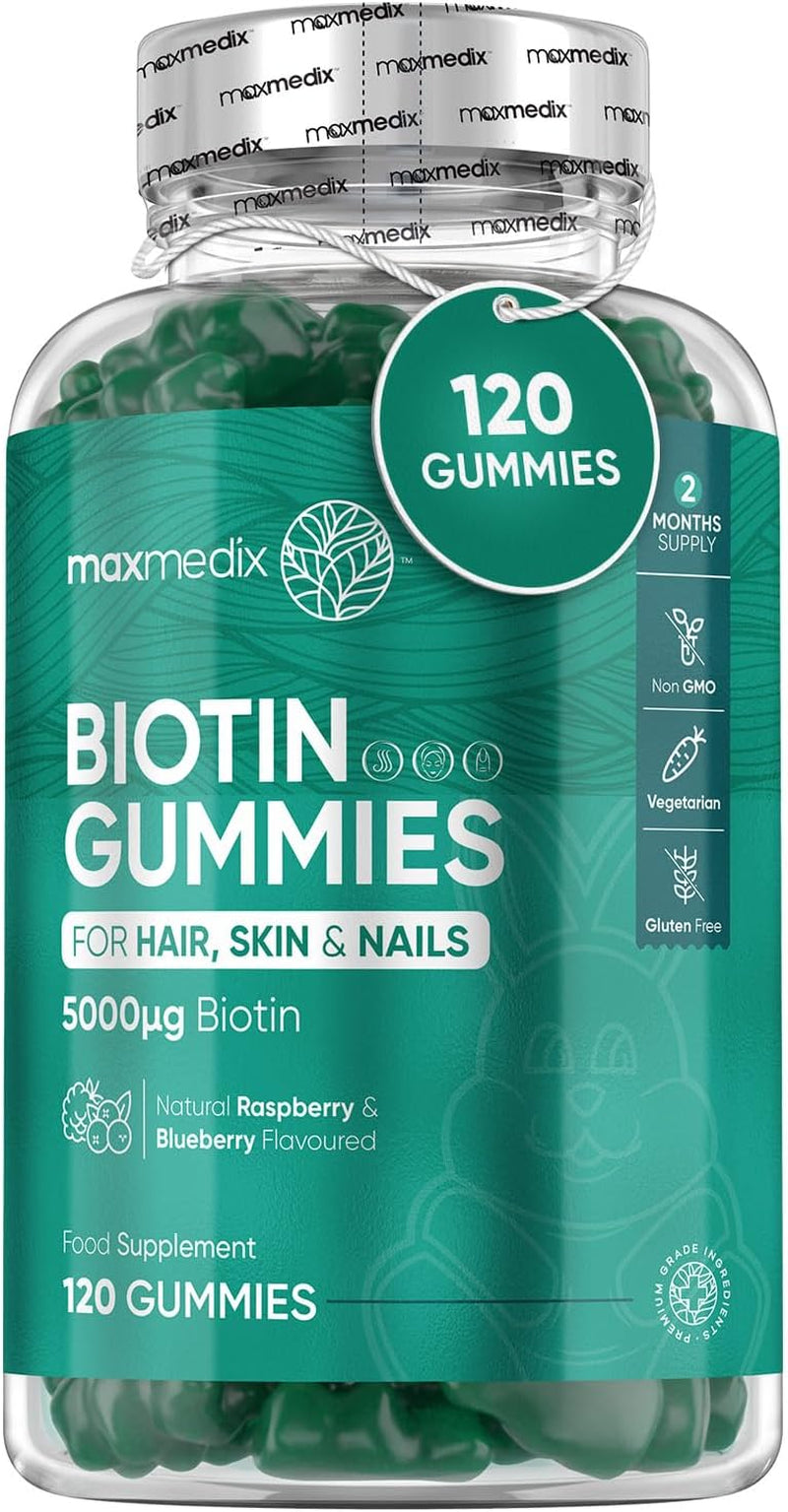 Biotin Gummies 5000Mcg - with Vitamin A, B, C, D, E & Selenium – 120 Hair Nails and Skin Vitamins Gummies – Natural Berry Flavour Vitamin B7 Gummies- Lab-Tested Biotin Hair Growth Gummies