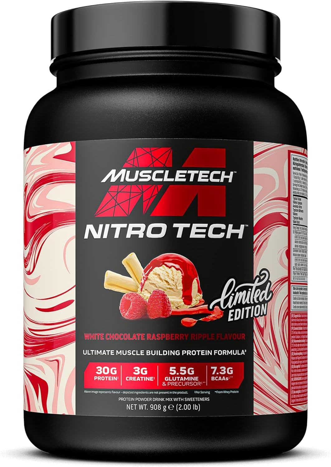 Nitrotech Whey Protein Powder, Muscle Maintenance &amp; Growth, Whey Isolate Protein Powder with 3G Creatine, Protien Shake for Men &amp; Women, 7.3G BCAA, 20 Servings, 908G, Raspberry Ripple