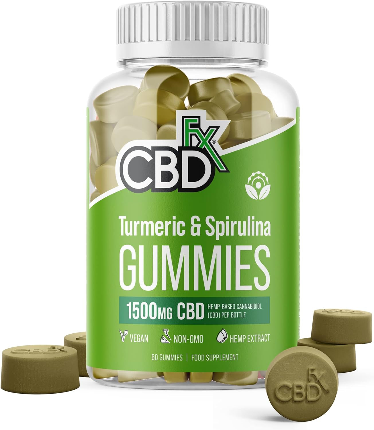 1500Mg CBD High Strength Vegan Turmeric and Spirulina Gummies, 25Mg Turmeric / 10Mg Spirulina / 25Mg CBD per Gummy 60X Bottle (30 Days)