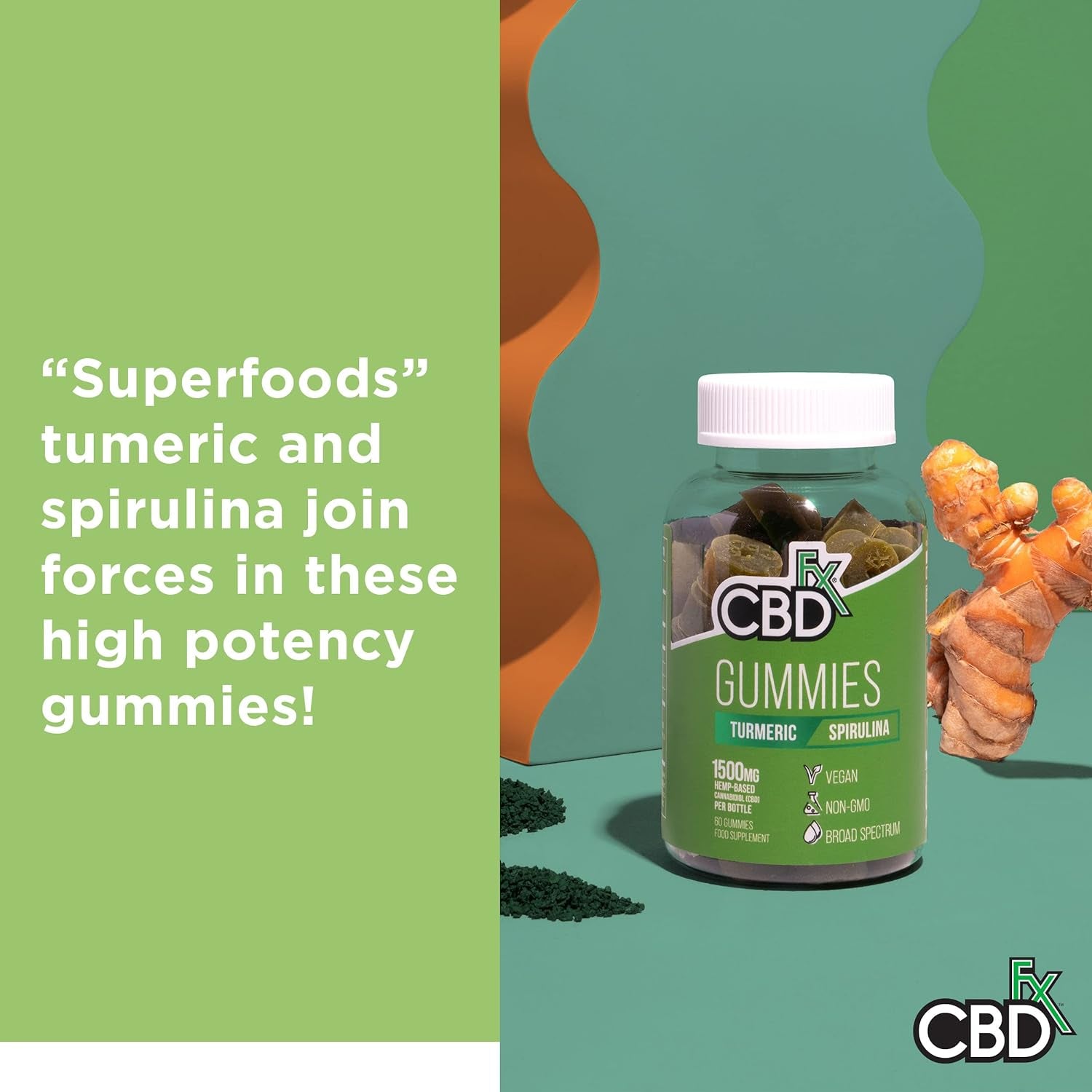 1500Mg CBD High Strength Vegan Turmeric and Spirulina Gummies, 25Mg Turmeric / 10Mg Spirulina / 25Mg CBD per Gummy 60X Bottle (30 Days)