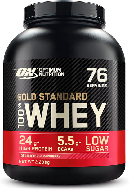 Gold Standard 100% Whey Muscle Building and Recovery Protein Powder with Naturally Occurring Glutamine and BCAA Amino Acids, Delicious Strawberry Flavour, 76 Servings, 2.28 Kg