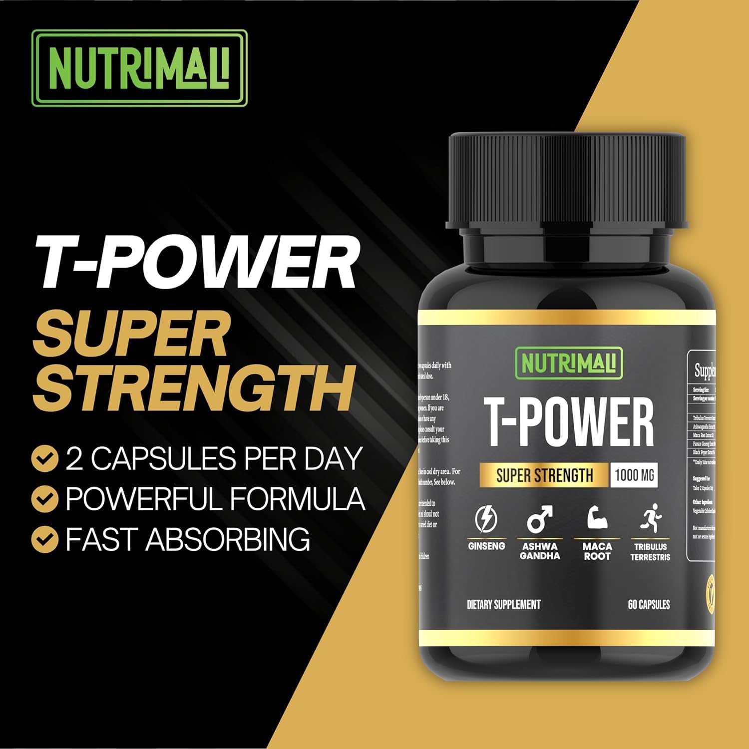 T-Power (Testo Supplement) | Ginseng, Maca, Tribulus Terrestris, Ashwagandha | 60 Capsules 1000Mg High Strength | Gym Supplements for Men, Energy, Stamina Booster