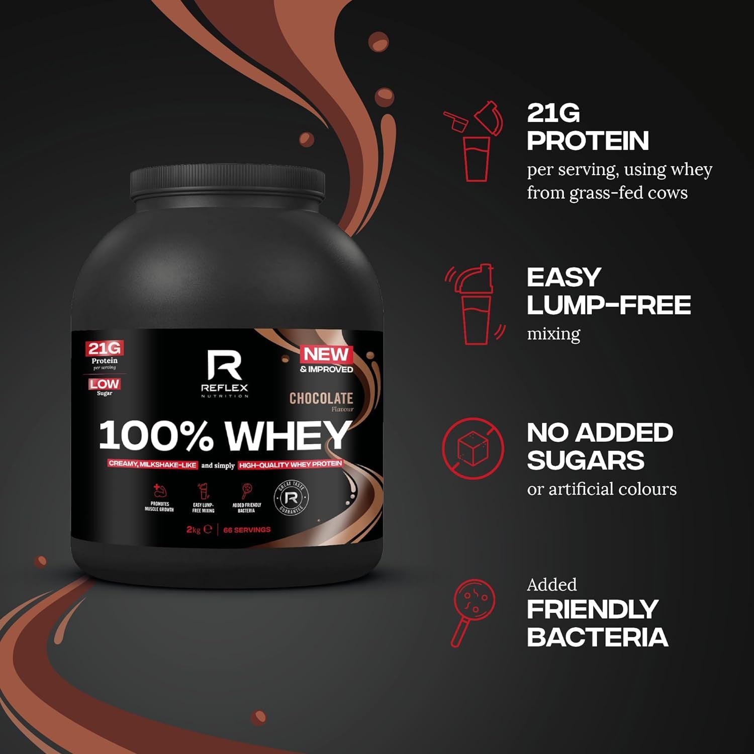 Nutrition 100% Whey Protein - 80% Pure Whey Protein - EAA Amino Acids - No Added Sugar - Whey Protein Powder for Pre Workout &amp; Post Workout Recovery (Chocolate, 2Kg, 66 Servings)