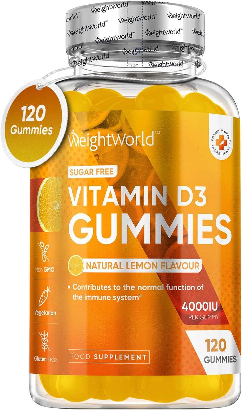 Vitamin D Gummies Adults 4000IU - Sugar-Free - 4 Months Supply - Natural Lemon Flavour - 120 Chewable Vitamin D3 Gummies - Vegetarian Friendly - High Strength Vitamin D Supplement - GMO &amp; Gluten Free